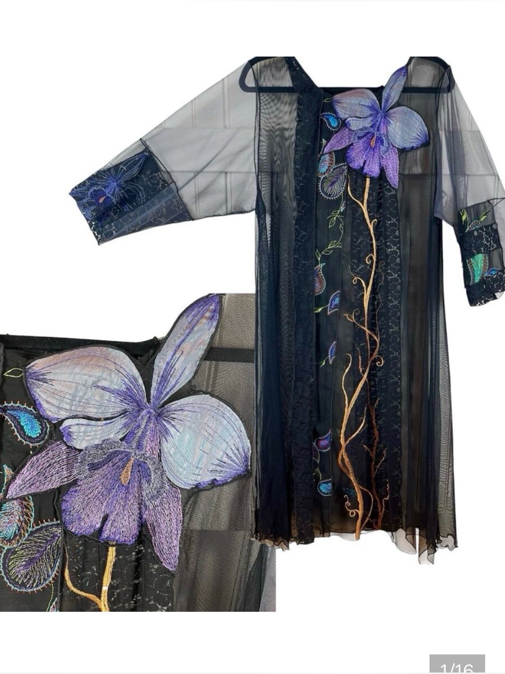 Vtg Lee Andersen Wearable Art Sheer Mesh Tunic Dress Orchid Embroidery Lace Osfm